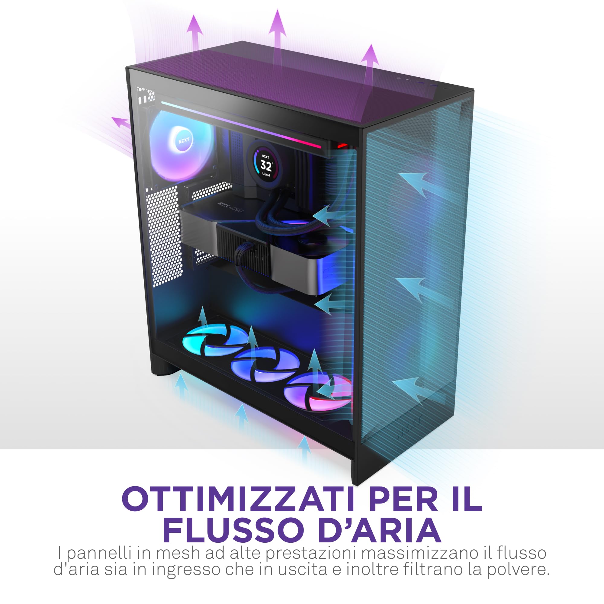 NZXT H7 Flow | Case Airflow ATX mid-tower | 3 ventole 120mm sul fondo per raffreddare la GPU | 3 ventole 120mm anteriori | Supporto anteriore radiatore da 420mm | Gestione cavi | Nero