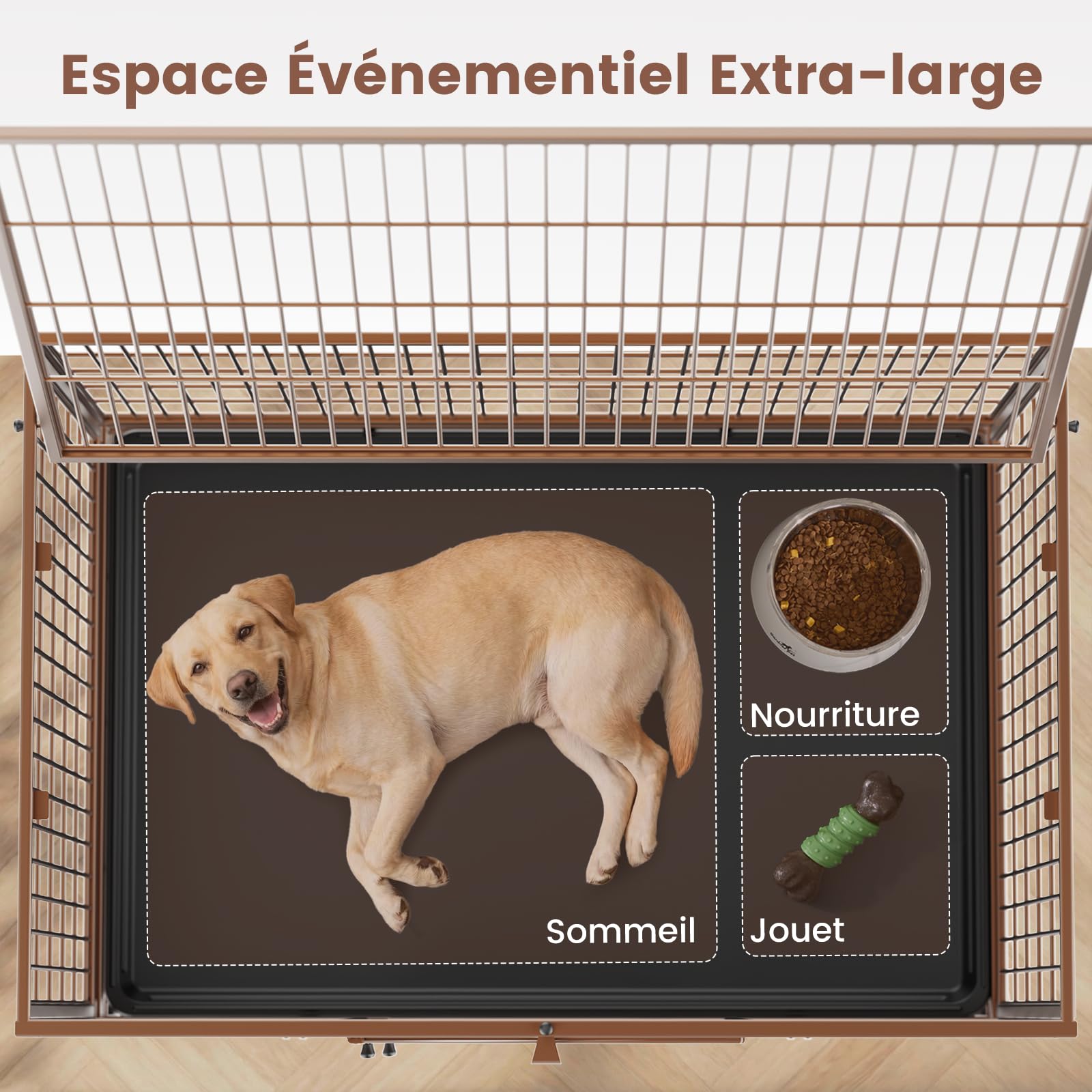 Gardner Pet Cage pour Chien Moyens Lourd Taille L 82.3x51.5x56cm Brun | Structure Renforcée Anti-Évasion avec Plateau, 3 Portes Amovibles, Roulettes Verrouillables, Niche Extensible Modulable