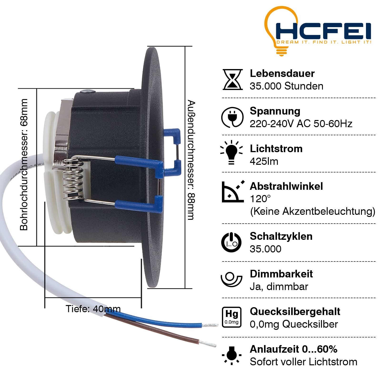 HCFEI Juego de 6 focos LED empotrables redondos, color negro, 5 W, blanco cálido, regulable, 230 V, plano, diámetro 68-76 mm, orificio perforado, foco empotrable en techo