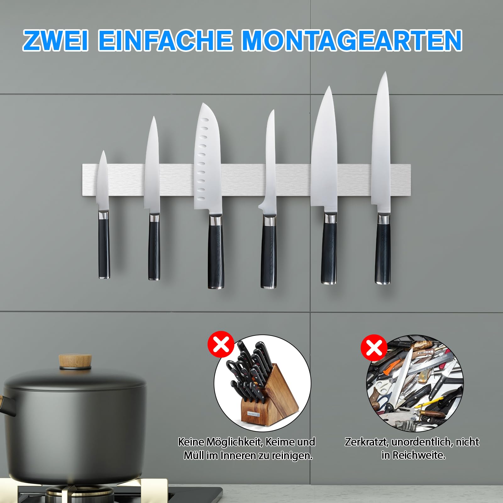 Portacoltelli Magnetico 40cm - Barra Inox, Magnetismo Forte, Senza Forare, Nero - Foto 8