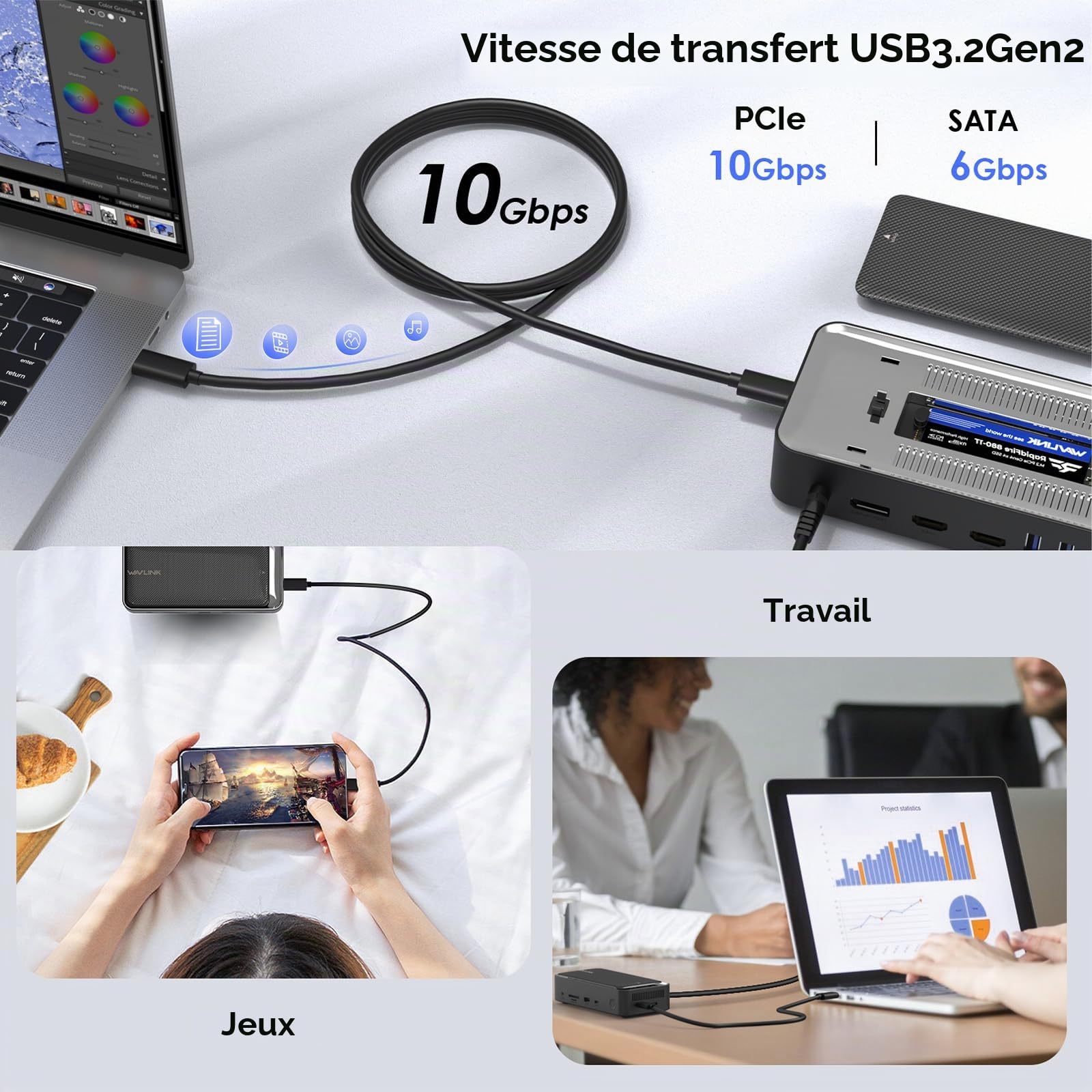 WAVLINK USB C Triple Display Docking Station, 13-In-1 Type C 10Gbps Hub avec boîtier M.2 PCIe/SATA SSD, 4K@60Hz HDMI/DP, USB C/USB-A Gen 3.2/3.1, SD/TF, Support 100W PD, Gigabit RJ45 pour Windows, Mac