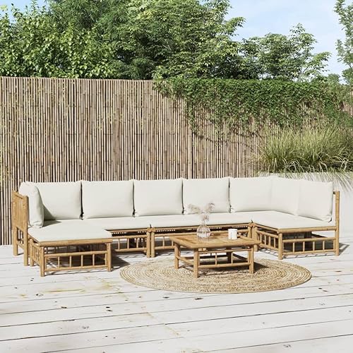 Miniatura 43 de 5 Piece Bamboo Garden Lounge Set Outdoor Patio Furniture with Beige Cushions, Natural Bamboo Rectangular Seating Set for Backyard, Porch, and