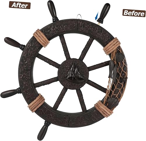 Miniatura 3 de DECHOUS Decoración de casa de playa costera, decoración de red de pescado, arte de pared, timón retro, adorno mediterráneo para colgar en la pared