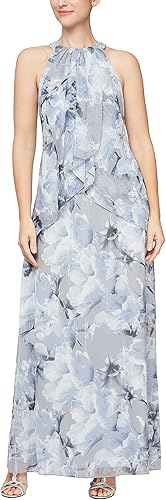 S.L. Fashions Vestido largo de gasa para mujer con cuello halter joya