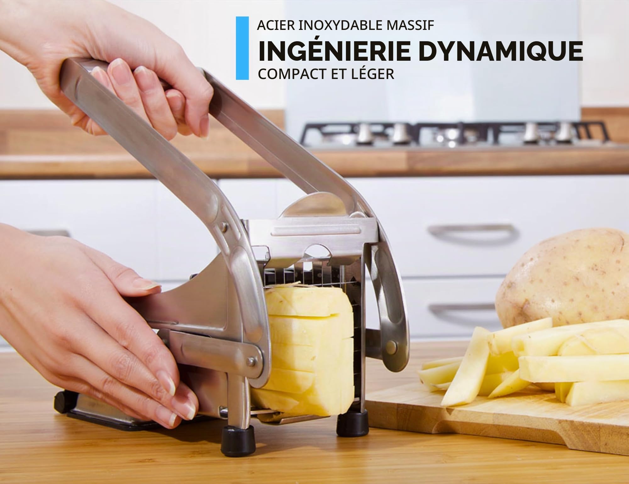 ICO Coupe Frites Manuel avec Deux lames Tranchantes En Acier Inoxydable, Coupe Frite Equipé d'une Base D'aspiration Sécurisée, Decoupe Frite Inox