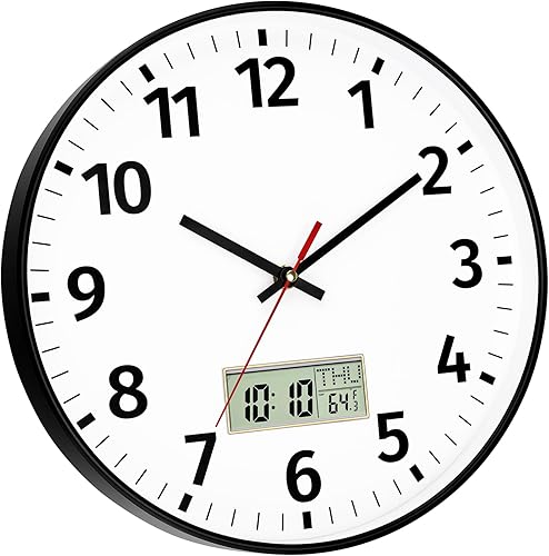 Miniatura 4 de Foxtop Reloj de pared digital con hora, día de la semana y temperatura, silencioso sin tictac, funciona con pilas, reloj de pared redondo digital y
