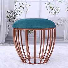 Greetwood Metal Ottoman Stool for Living Room, Home Office Furniture/Seating Pouffe for Dressing, Decors/Cage-Style Side Table for Chair Sofa with Cushion (16-Inch, Rosegold-Teal) - 01 Pc
