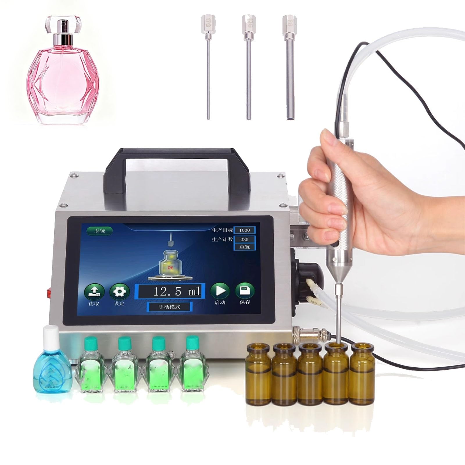 Automatyczna maszyna do napełniania płynów do butelek 1 ml – 30 ml, konstrukcja z wąską szyjką, igła 1,5 mm, idealna do perfum, olejków leczniczych, kropli do oczu, płynów doustnych
