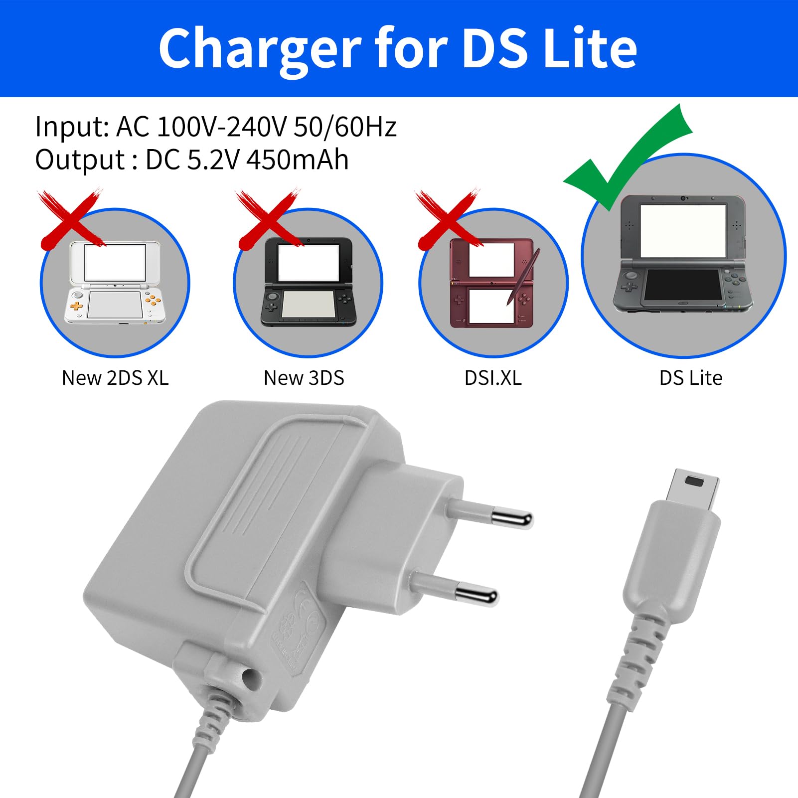 Chargeur pour DS Lite, Alimentation de Remplacement Compatible avec DS Lite/NDSL (Pas pour DS), Adaptateur Secteur AC 100–240V, 1,12M Gris - 3