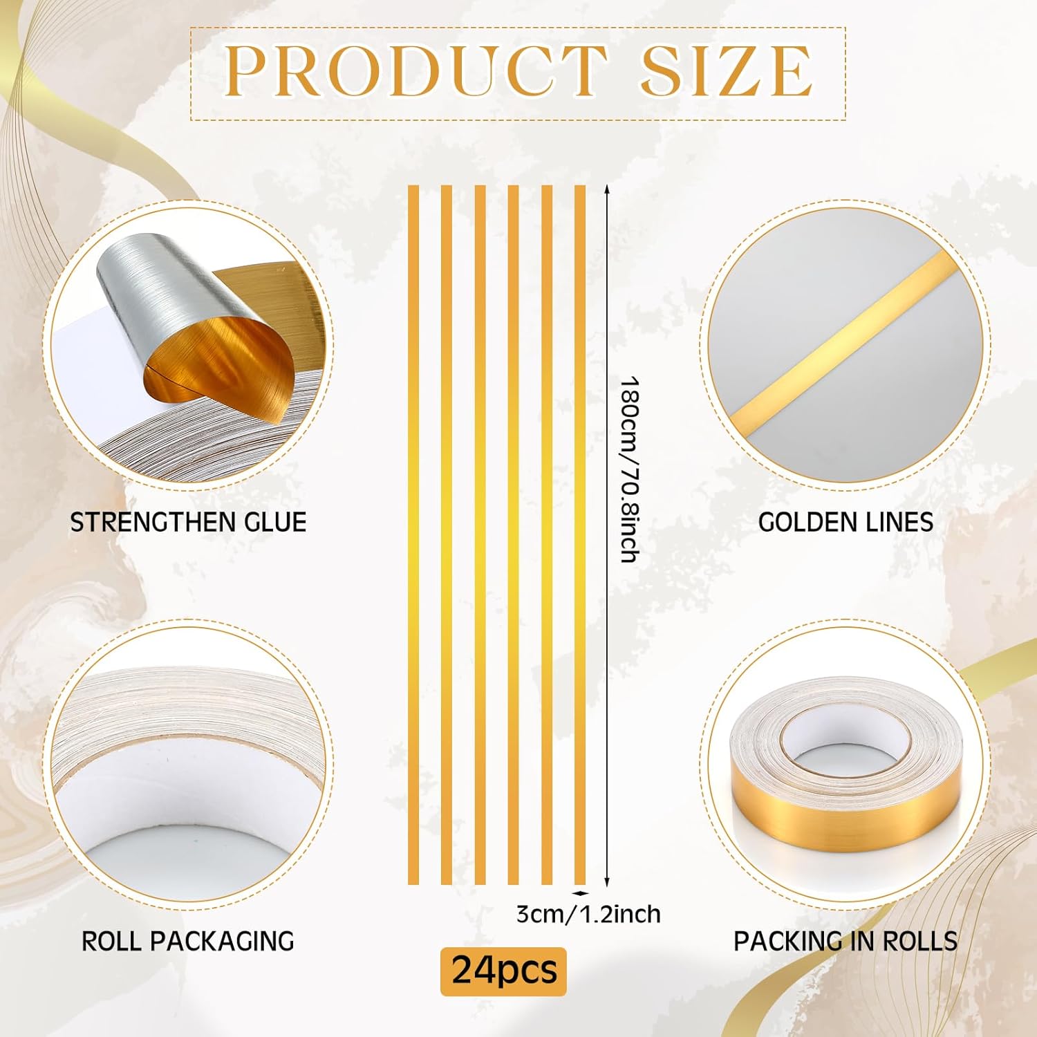 Hoolerry 24 Pcs Gold Wall Decals Peel and Stick 70.8 x 1.2 Inch Gold Tape for Wall Decor Metallic Line Adhesive Tile Stickers Mirror Stickers Graphic Tape for Home Crafts Decoration