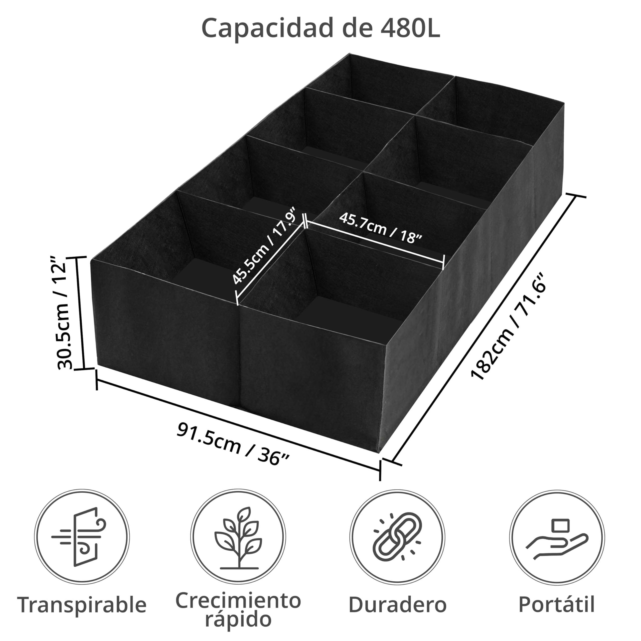 Winter Shore Cama Jardin Elevada de Tela Negra - Huerto Urbano Terraza Reutilizable de Fieltro para Jardinería Exterior, 8 Huecos para Cultivar Verduras, Hierbas, Flores - 182 x 91,5 x 30,5 cm, 480 l
