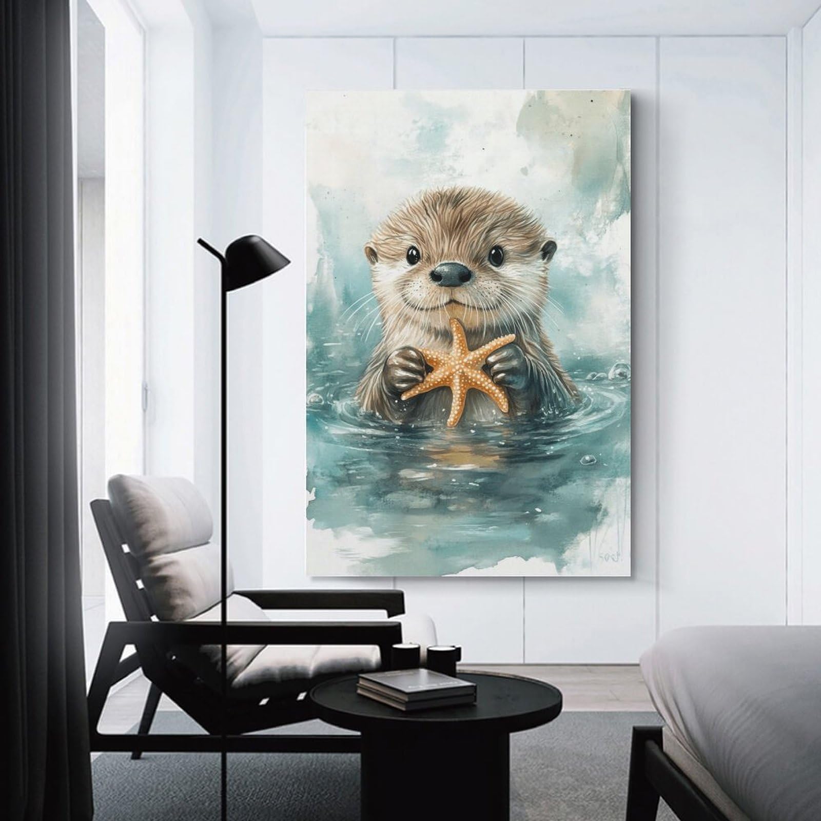 Junmoney Unframe-Style-24 Otter With Starfish Watercolor Print Decorative Wall Artwork 16X24inch(40X60cm), For Corridors, Hallways Or Apartment Entries, Home Artwork For First Impressions
