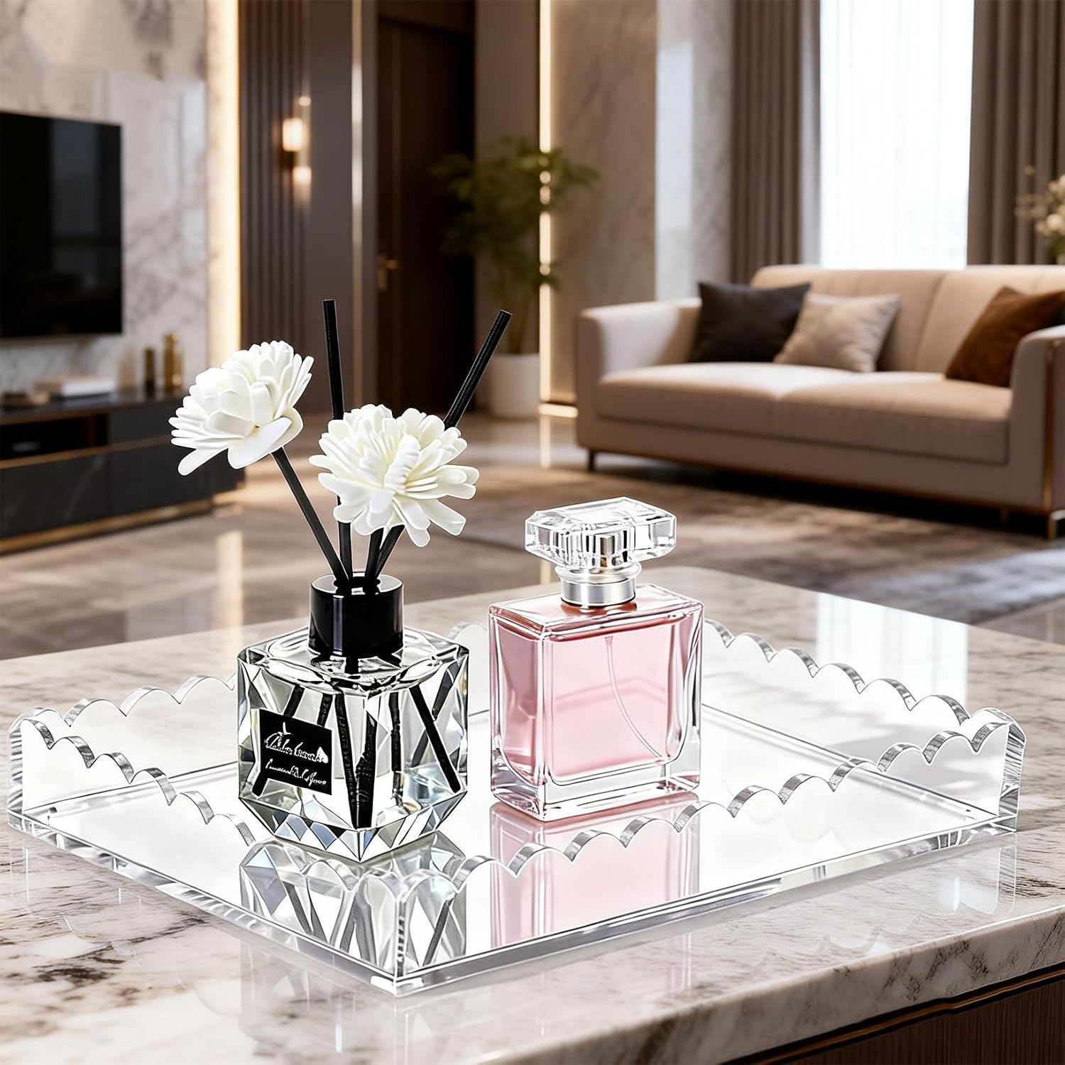 Acrylic Bathroom Vanity Tray, Clear 9.45"x7.09"x1.38" Decorative Scalloped Tray Perfume Tray Bathroom Countertop Organizer for Jewelry Candles Soap Makeup Toilet Tank Kitchen Living Room Decor