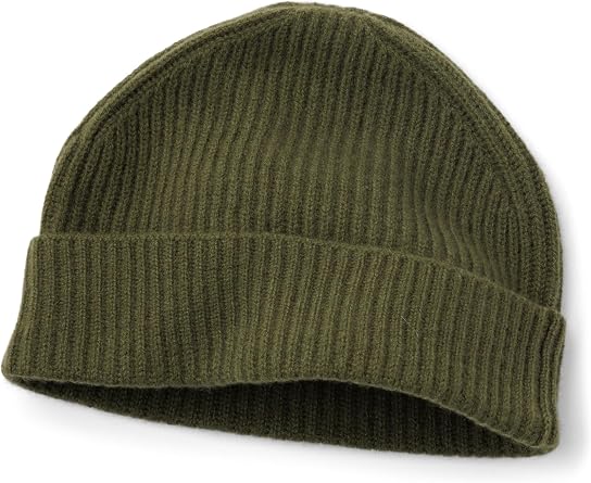 Fishers Finery Mens 100% Cashmere Cuffed Fisherman Beanie; Ribbed Cuff Skull Cap Olive