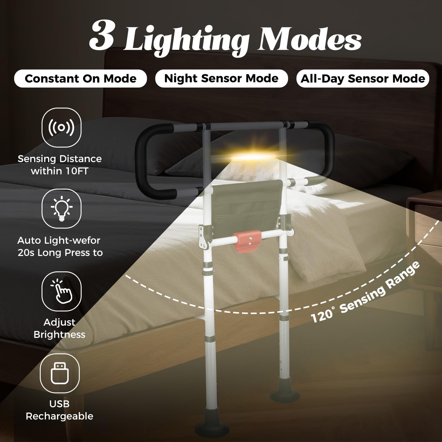 Riel de cama plegable para adultos mayores con luz de sensor de movimiento, mango de asistencia de seguridad ajustable con correas seguras, soporte de mesita de noche resistente, se adapta a
