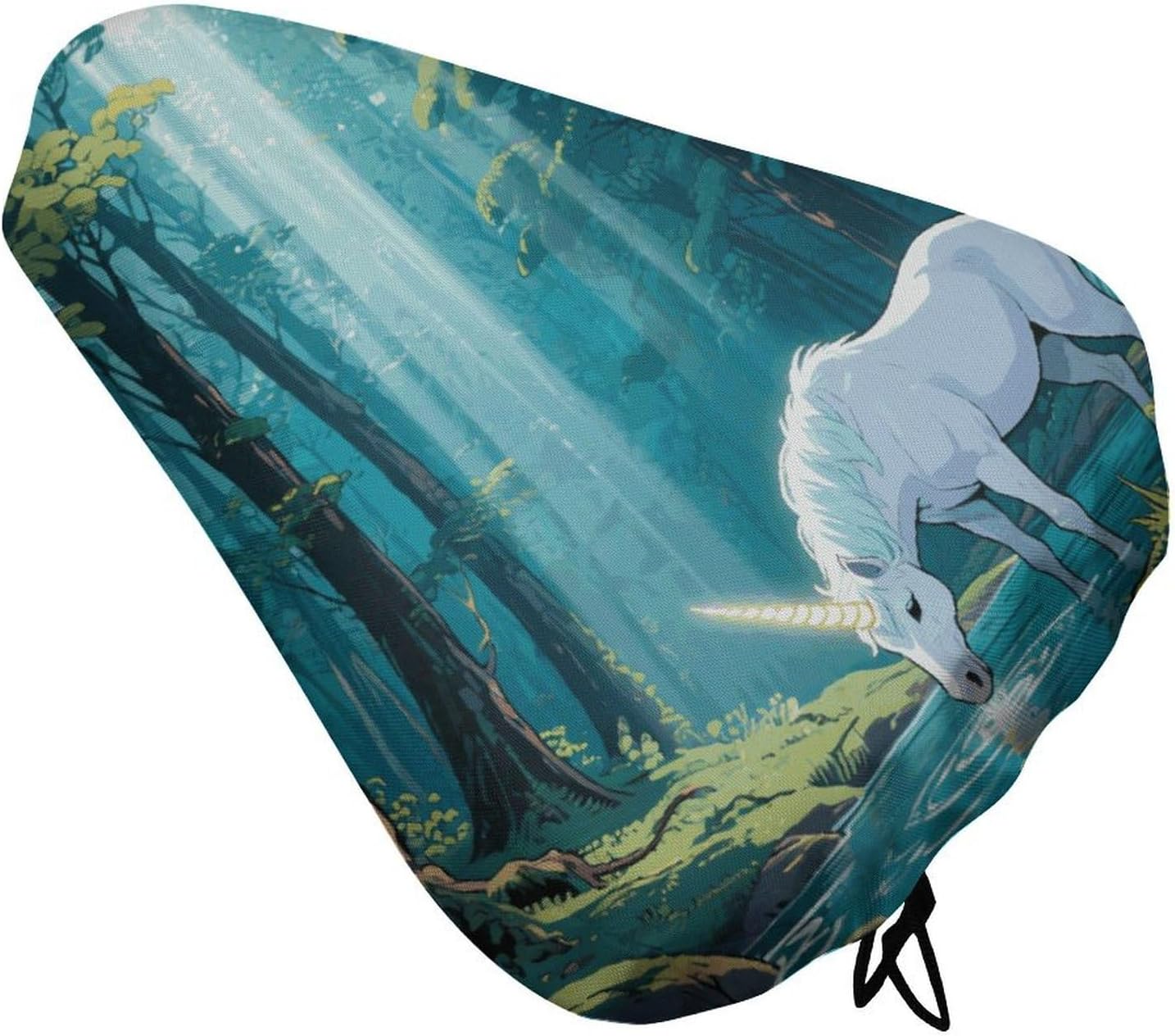 Waterproof Bike Seat Cover with Drawstring -Unicorn in The Ancient Forest Universal Exercise Bike Seat Cushion for Men & Women, Comfortable Non-Slip Bicycle Saddle Cover for Road/Mountain Bikes
