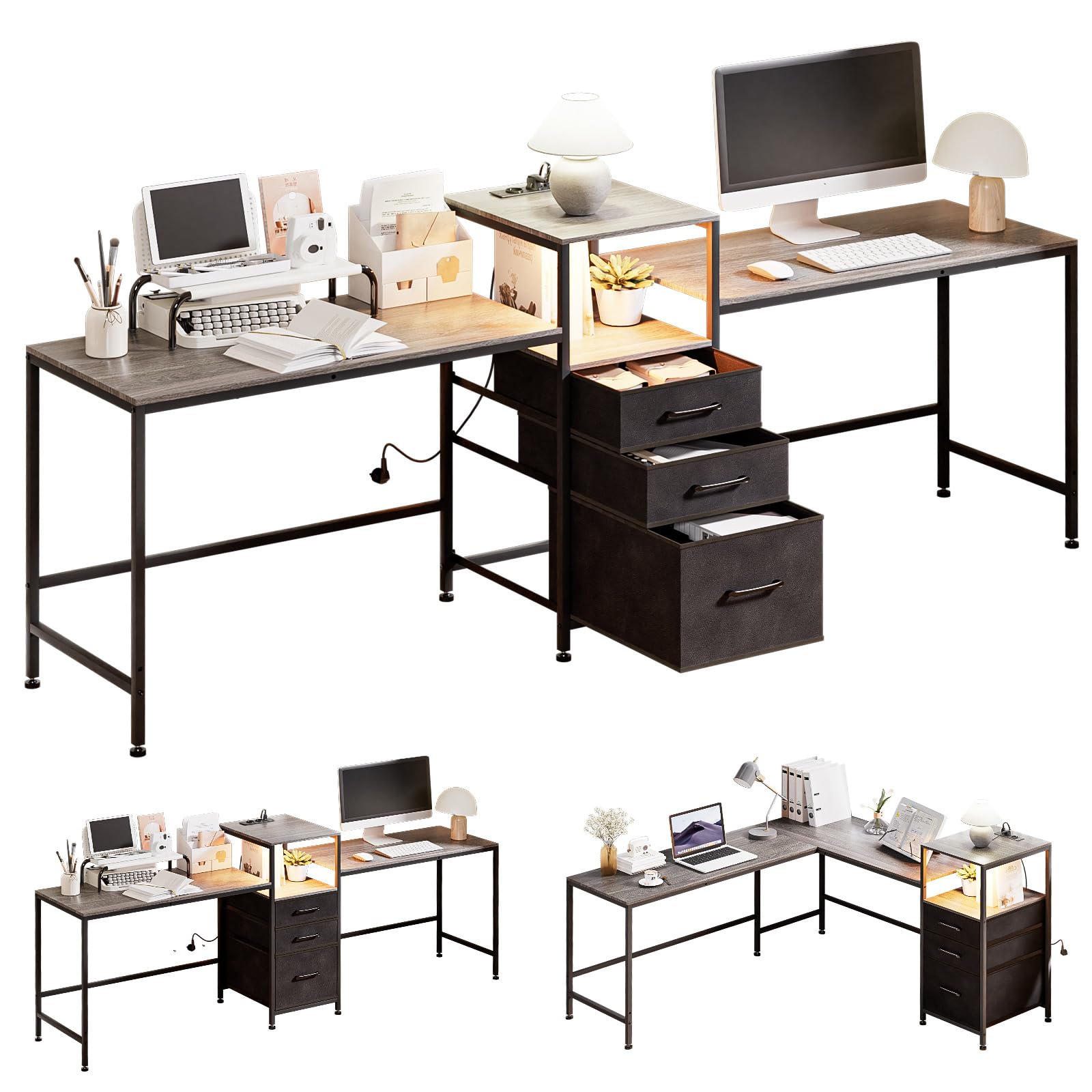 Yorbay Doppia scrivania da ufficio con prese: scrivania per computer a forma di L con cassetti in tessuto, scaffale per stampante, tavolo da gioco a LED, scrivania angolare per ufficio, studio