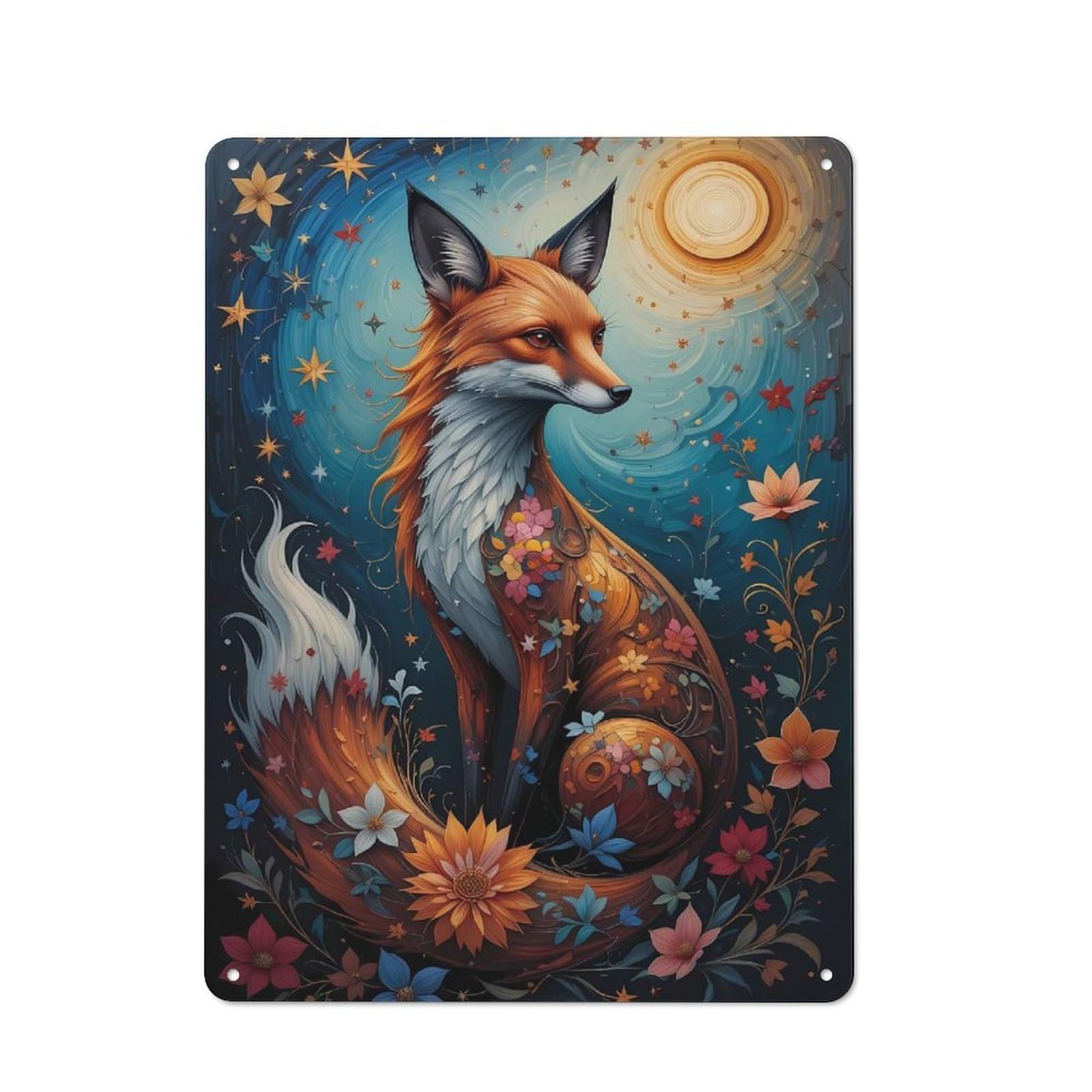 Junmoney Style-7 Tin Sign 40X30cm With Enchanted Fox With Floral Accents For Workshop Wall, Retro Decor, For Metal Sign Collectors, For Cafés, Pubs And Restaurants