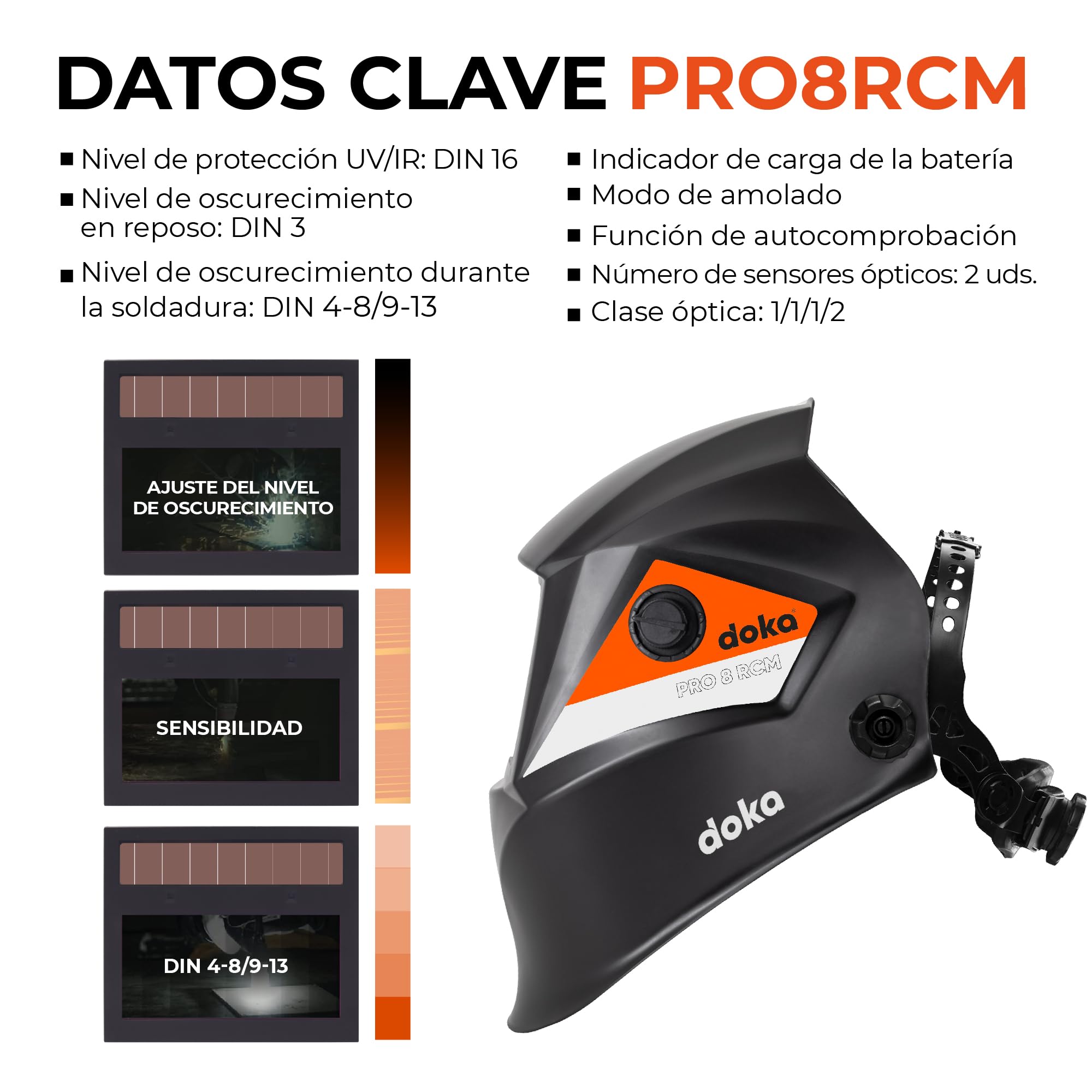 DOKA Careta Soldar Automatica 100x50 mm DIN 16 DIN 3/4-8/9-13 Real Color Mascara Soldar Mascara Soldar Automatica Mascara Soldar Mascara de Soldar MMA|MIG|mag|TIG|ARC Careta de Soldar Careta PRO8