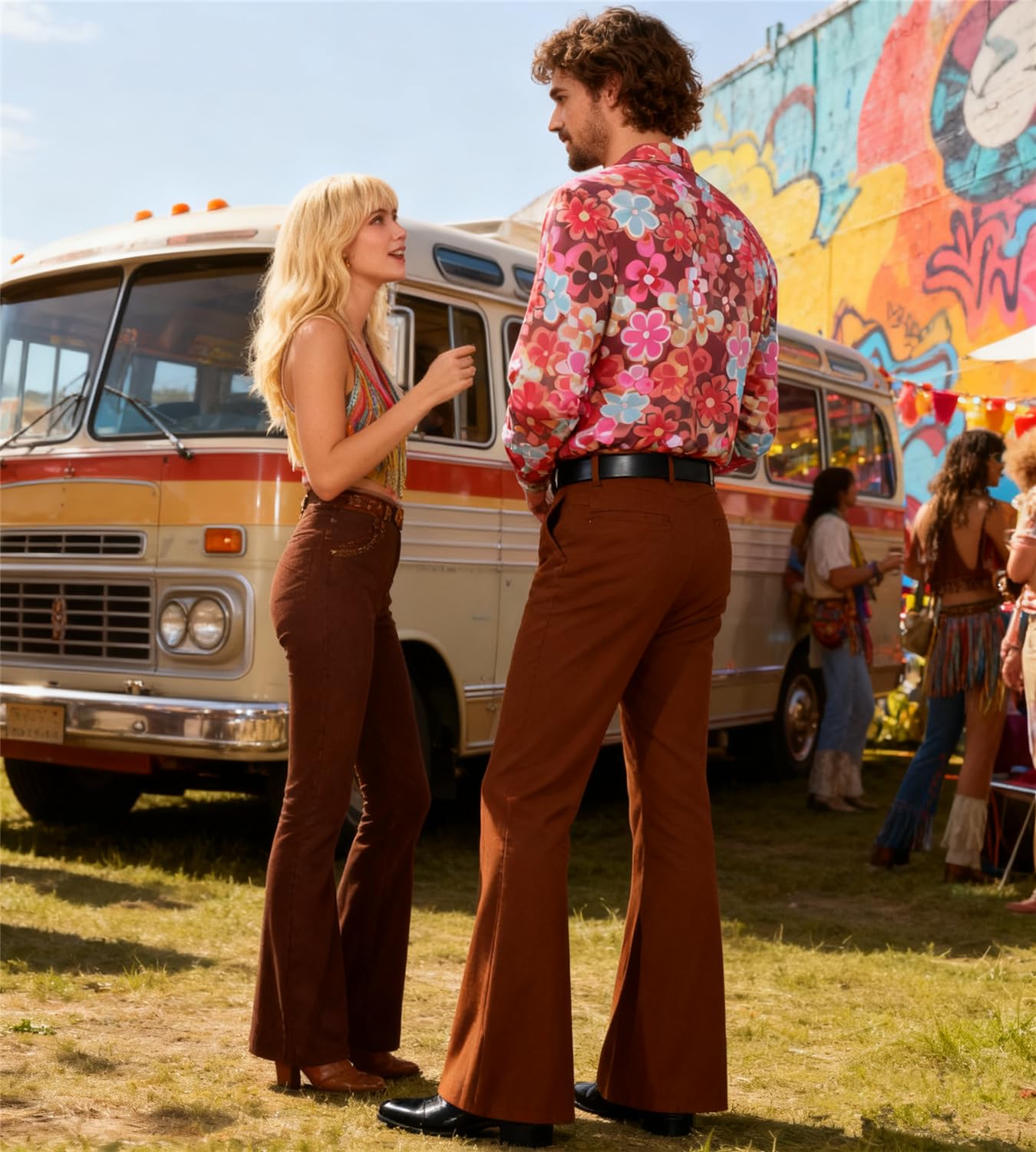 70er Jahre Disco Kostüm Set Hippie Herren Outfit mit Schlaghose Hemd 80s Fasching Bekeidung für 50s 60s 70s Cosplay Halloween Party