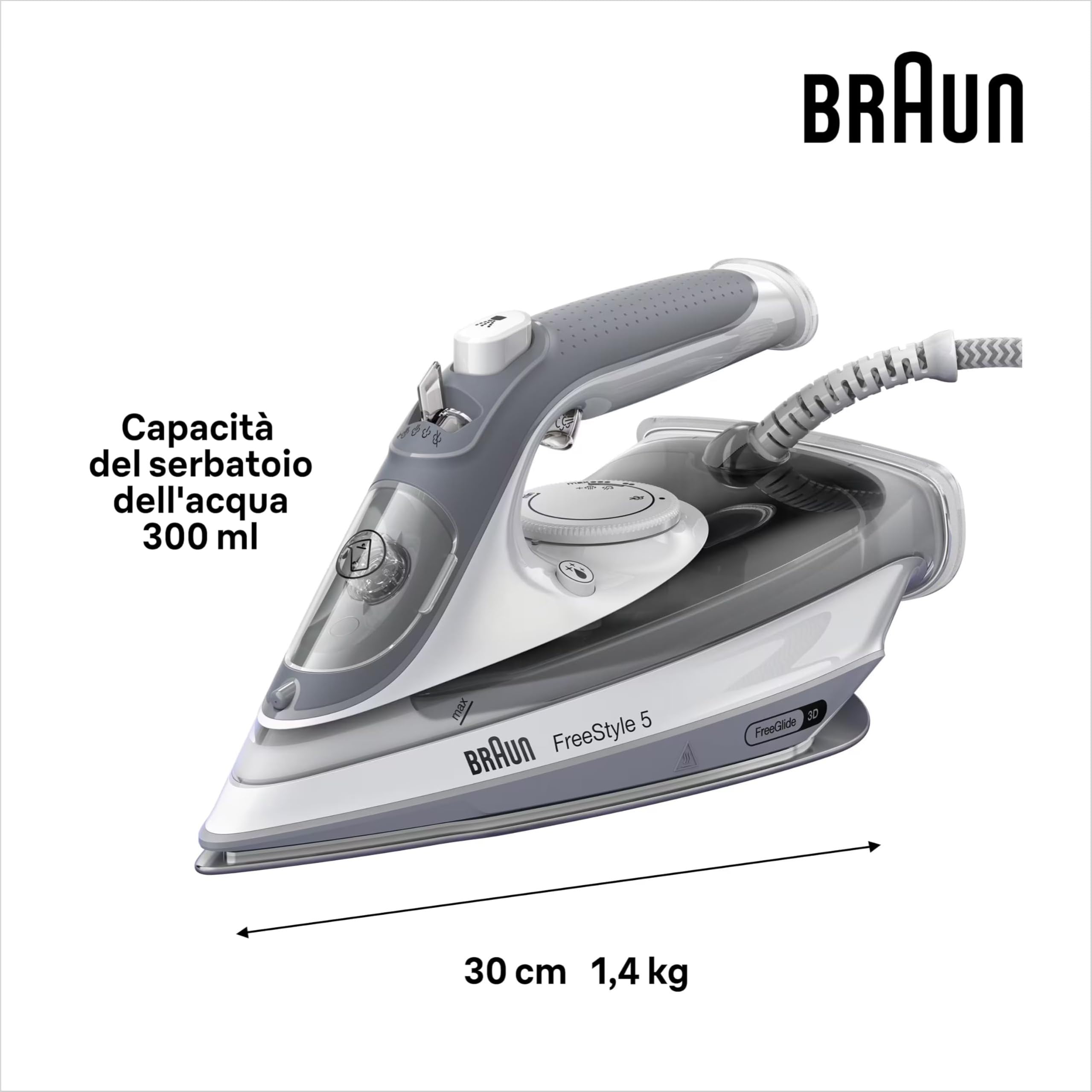 Braun Freestyle 5 – Ferro da Stiro a Vapore con Piastra FreeGlide 3D, Vapore Potente e Funzione Anti-Goccia, Colpo Vapore per Pieghe Ostinate, Serbatoio Ampio, Grigio (SI5078GY)