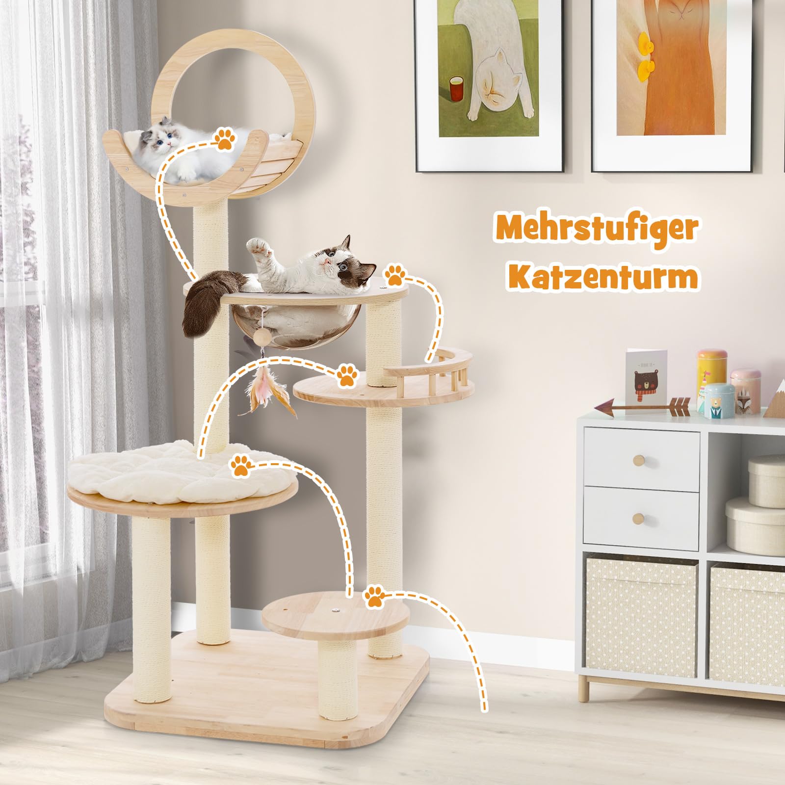 COSTWAY Drapak Drewniany 4 Formy DIY - Drzewko dla Kota z Platformami, Kapsułą Pokojową, Słupkami Sizalowymi i Zabawkami - Meble do Wspinaczki 146 cm