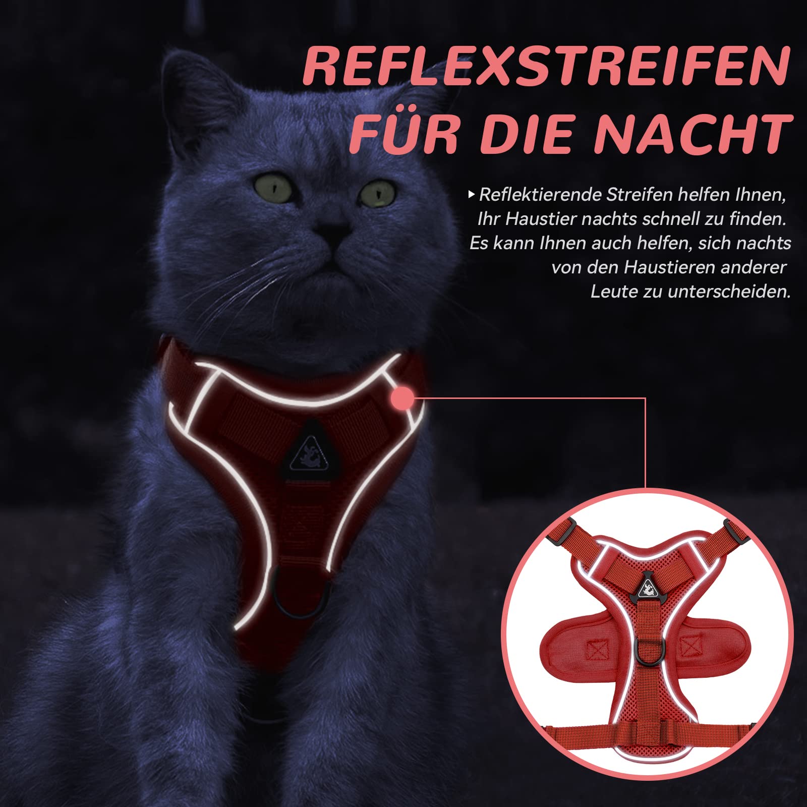 Arnés Ajustable para Gatos a Prueba de Fugas, arnés para Gatos con Correa, arnés Suave para Gatos, Gatitos, Perros, Cachorros (Rojo-M) — view 5