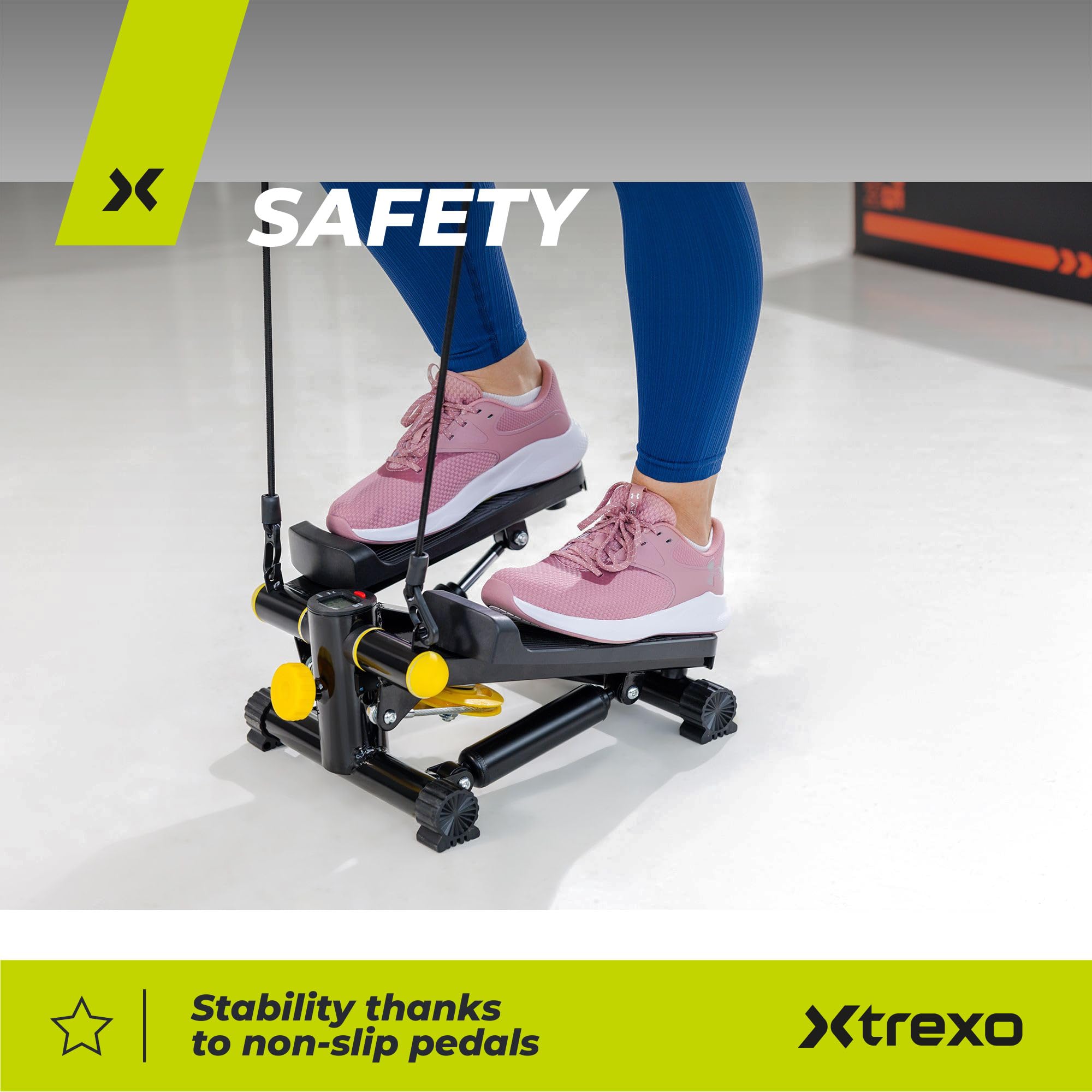 TREXO Stepper para Entrenamiento en casa Fitness Cardio Altura de los Pedales y Resistencia Ajustables Pantalla Fácil de Leer Cables Resistentes Capacidad de Carga hasta 100 kg Negro/Amarillo