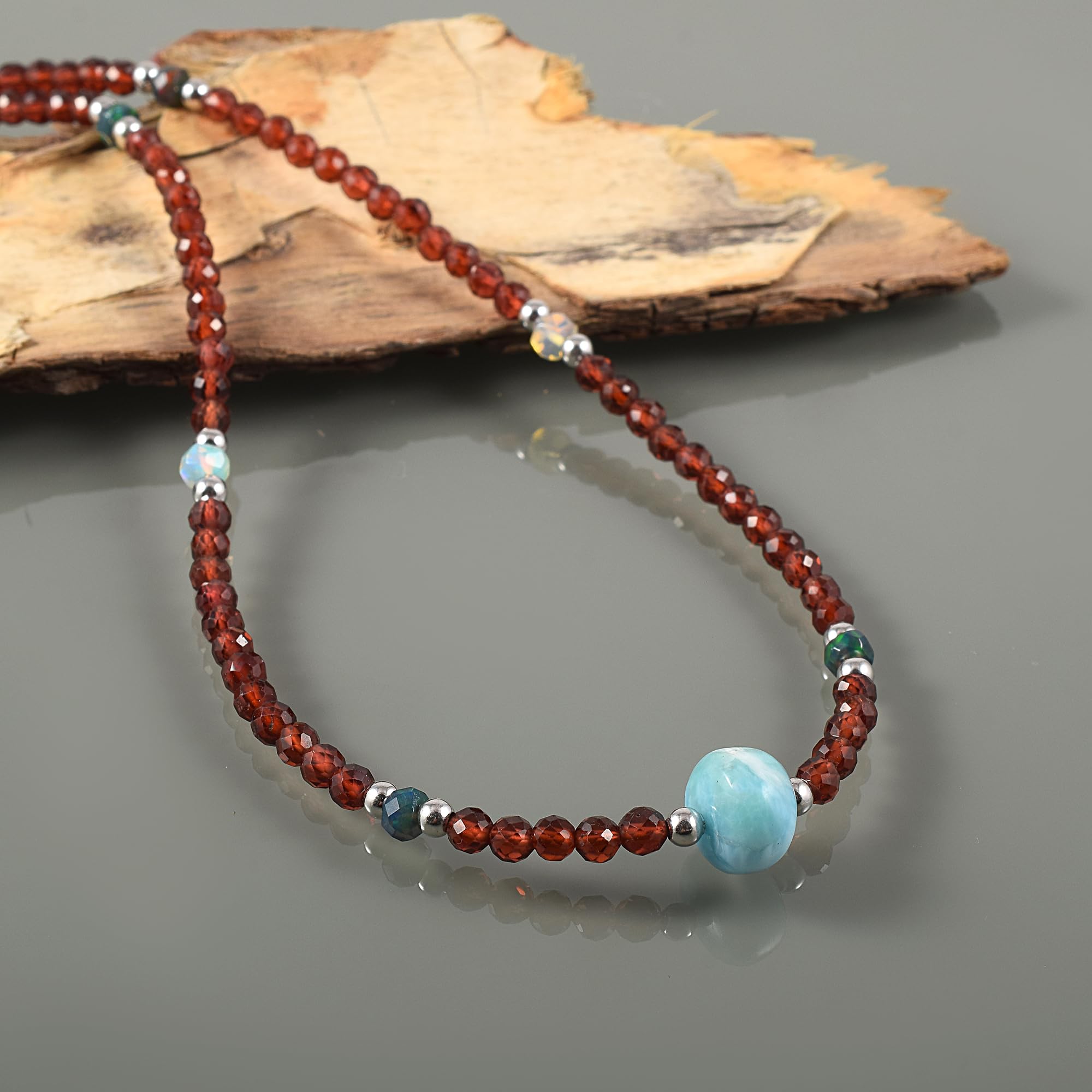 Collar de plata de ley 925 con granate natural y larimar, joyería minimalista de cristal curativo, cuentas facetadas redondas, hebra de 18 pulgadas, regalo único de piedras preciosas,