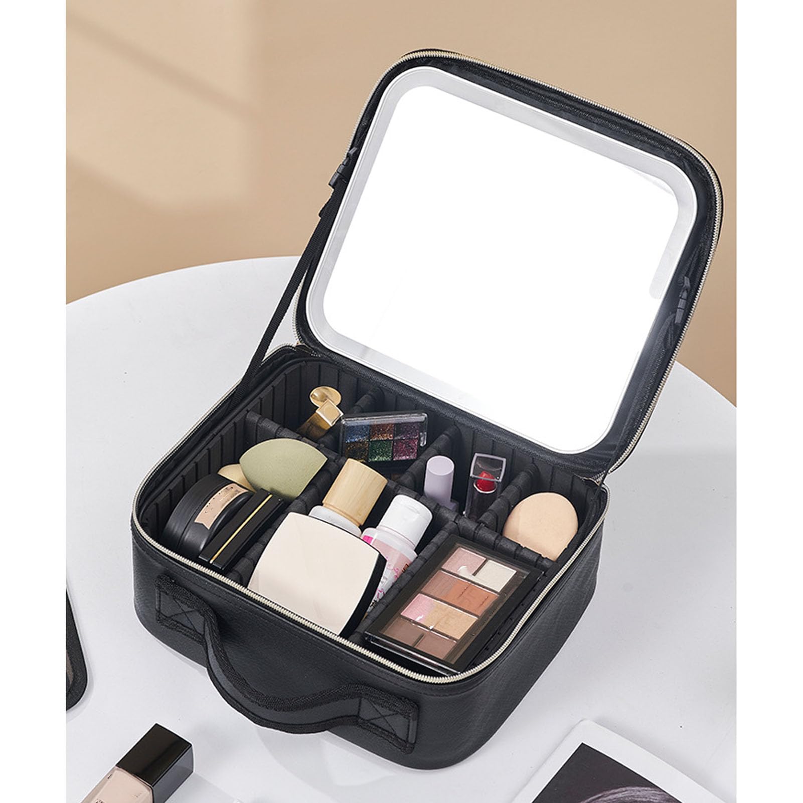Reise-Make-up-Tasche mit LED-beleuchtetem Spiegel,Make-up-Etui, Reise-Kosmetiktaschen, Pinsel-Organizer,Aufbewahrungsbox mit Spiegel mit 3Farblichtern und Verstellbaren Trennwänden