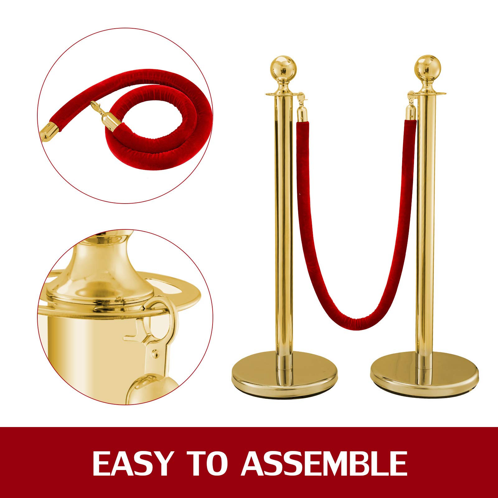 Transenne Eliminacode Paletti Delimitazione in Acciaio Inox 2 Corde di Velluto Rosso Confezione da 4 Paletti d'Oro