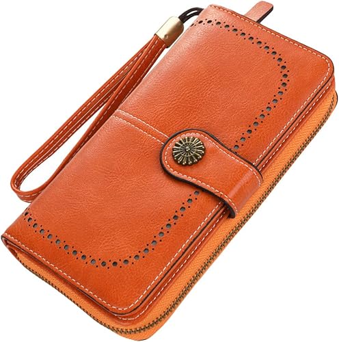 Cartera de cuero para mujer, con bloqueo RFID, de gran capacidad, para tarjetas, cartera larga con muñeca
