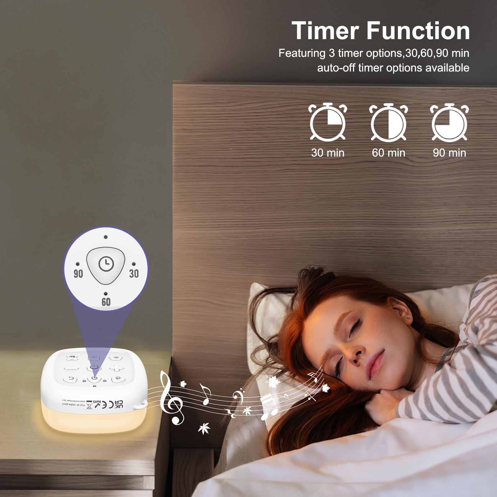 Machine à Bruit Blanc 24 sons, Haut-parleur sans Fil, 6 Luminosités Réglable, Machine à Bruit de Sommeil pour Bébé Enfant, Minuterie et Fonction Mémoire pour Yoga, Sommeil, Bureau, Voyage