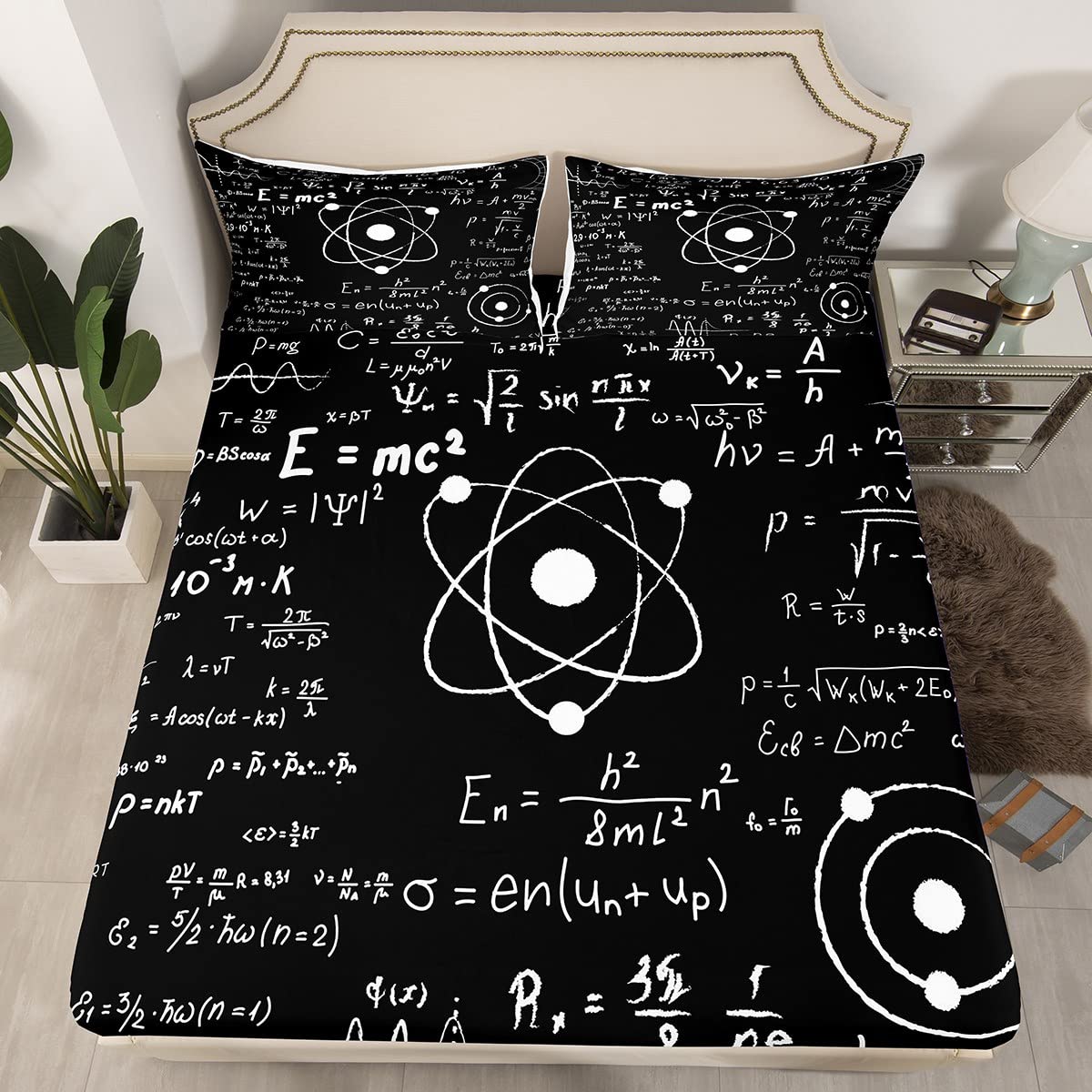 Lenzuolo con angoli disegnati a mano con formule matematiche, geometrie, algebra, calcoli, per ragazzi, ragazze, bambini, per letto matrimoniale