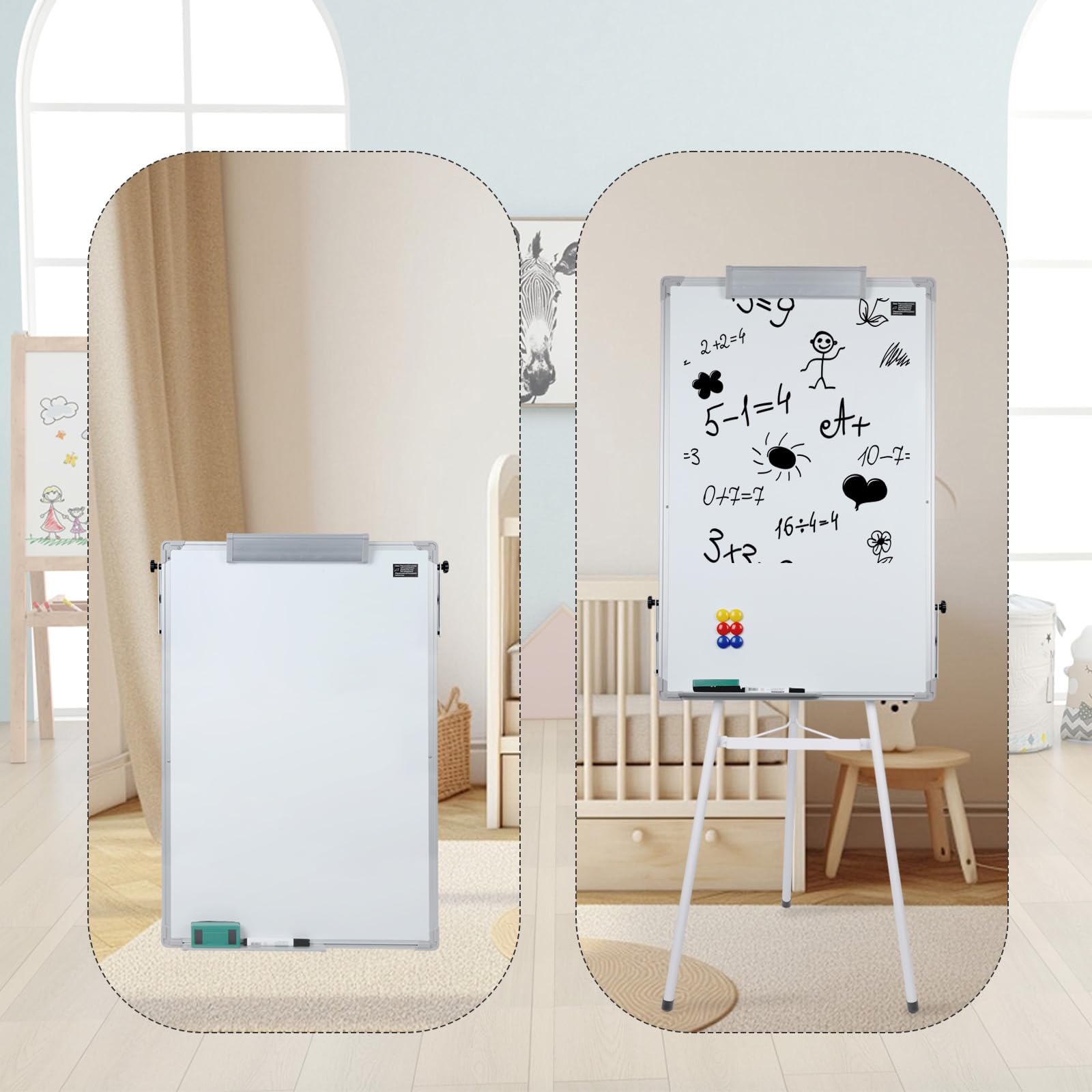 OHMG - Lavagna Bianca Cancellabile su Cavalletto, Efficace a Secco, Magnetica, Altezza Regolabile con Supporto, Mobile, Portablocco per Conferenze (70 * 90 cm - Bianco)