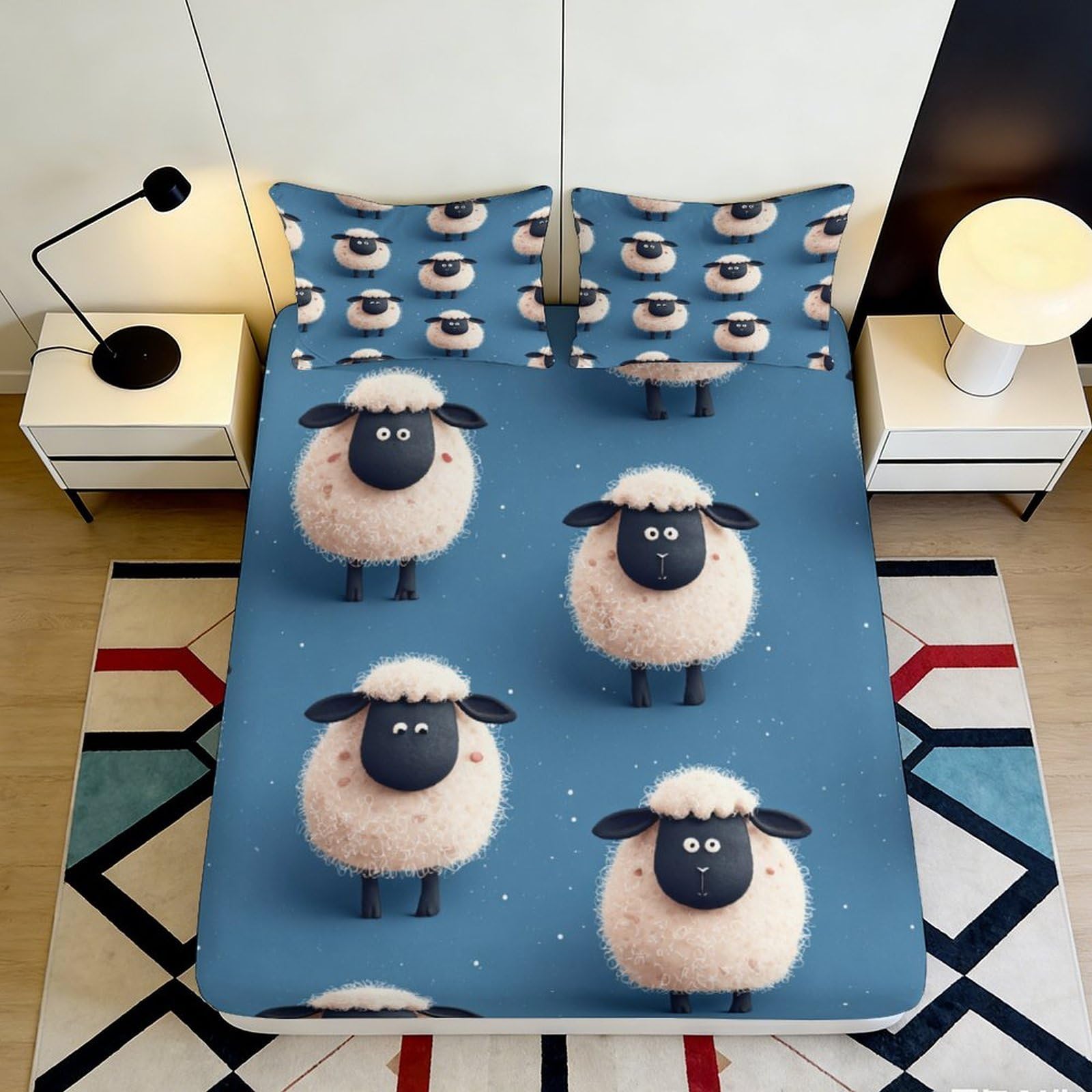 3D Printed Cartoon Sheep Fitted Sheet Microfiber Blue Animal Mattress Cover for Bedroom Guest Room Dorm Decor 90x200x25cm