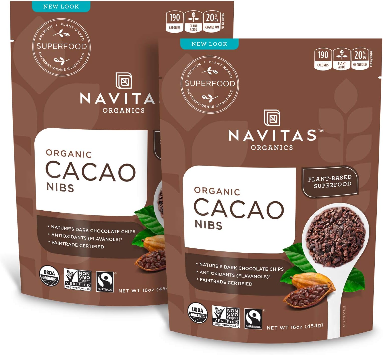 Navitas Organics Cacao Nibs – Unsweetened Dark Chocolate Crunch – Antioxidants, Minerals, Fiber – For Trail Mix, Baking & More – USDA Organic, Fairtrade, Non GMO, Gluten Free (16oz. Bag - 2 Pack)