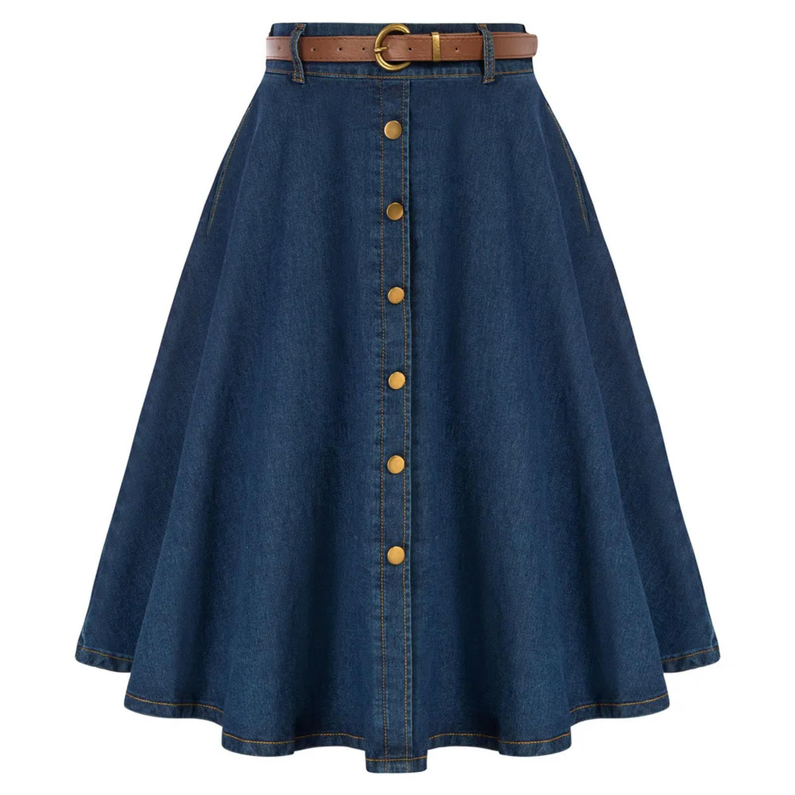 Gonna di Jeans con Cintura da Donna Gonna Longuette a Trapezio a Vita Alta Elasticizzata Gonna con Tasche Decorate con Bottoni da donna-4-M