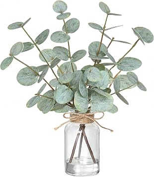 Fake Eucalyptus Stems in Vase with Faux Water,Artificial Plants Eucalyptus Leaves for Shelf Desk Bathroom Farmhouse Room Coffee Table Faux Greenery Plants Decorations Green