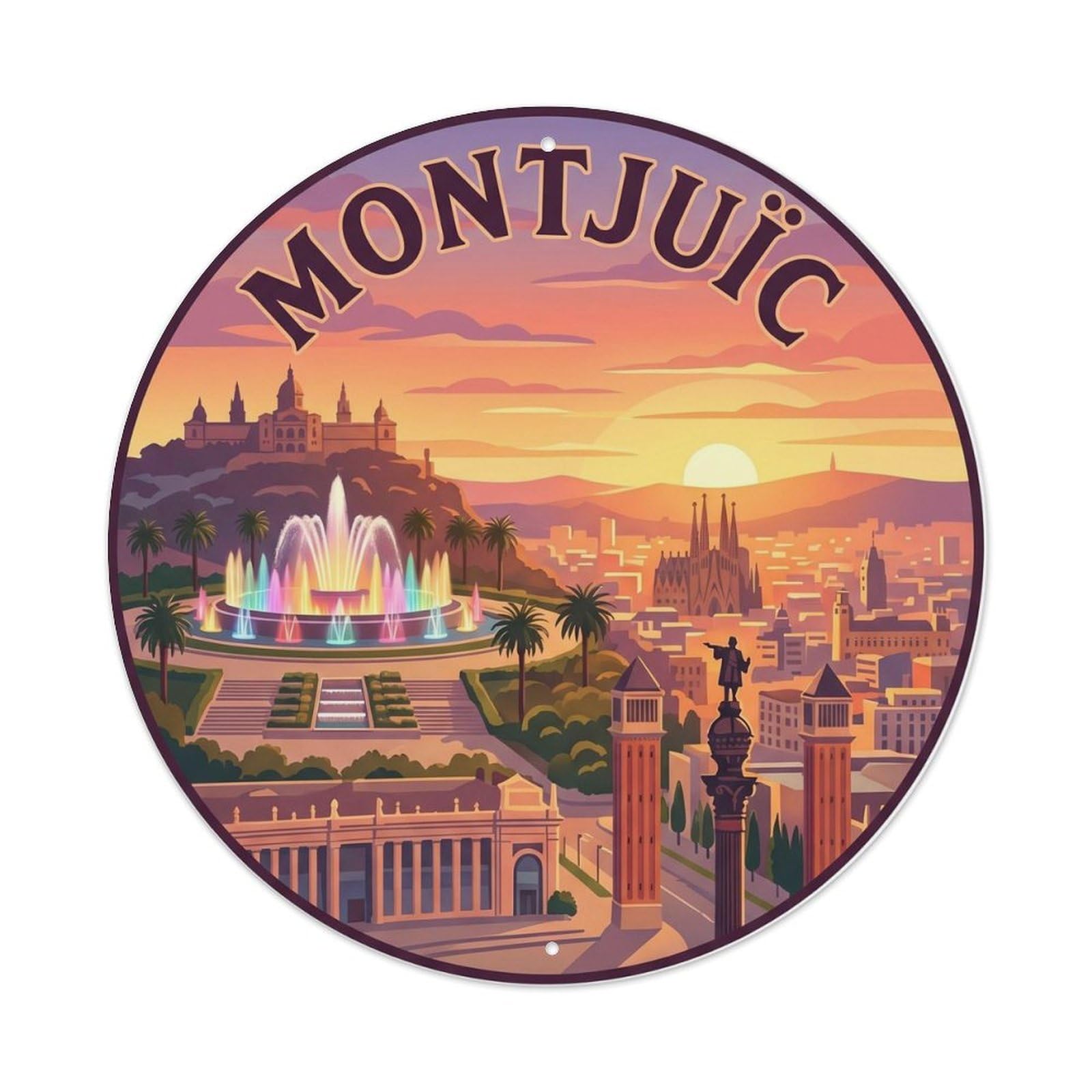 Catalan Barcelona Montjuic Hill Panorama Adventure Vintage Metal Tin Sign Plaque Wall Decor for Cafe, Man Cave, Club Bar, Office, Home Garden Round Metal Poster 8x8Inch