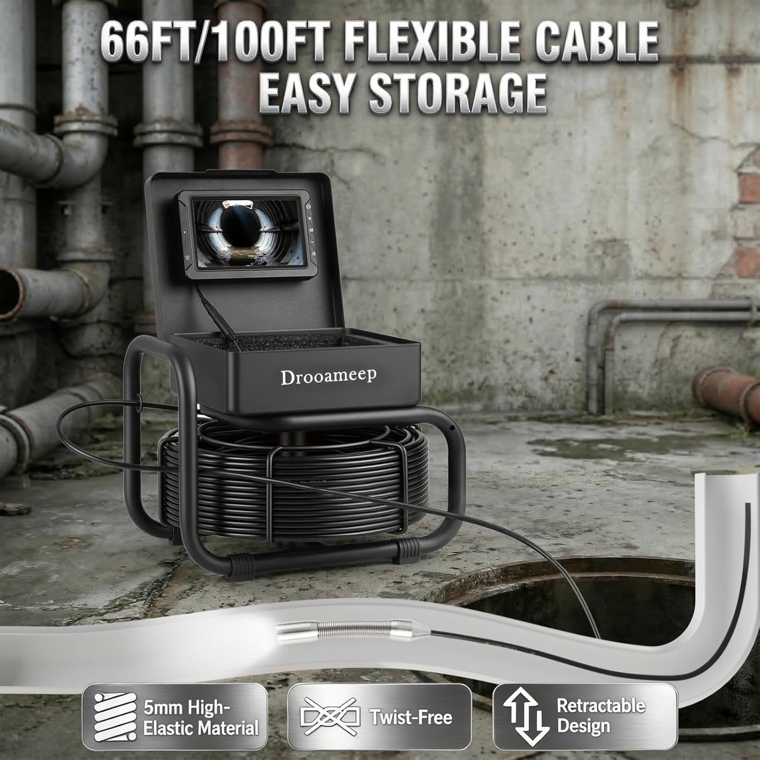 Sewer Camera, Sewer Inspection Camera, 5" IPS HD Drain Camera with 8 Lights, IP68, 32GB, DVR, FOV145°, Microphone & Speaker, for Pipe, Home Duct, Plumbing - 66FT