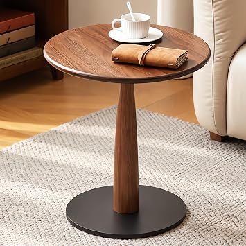 Walnut Side Table, Solid Wood End Table with Round Tabletop, 50D*50W*54H
