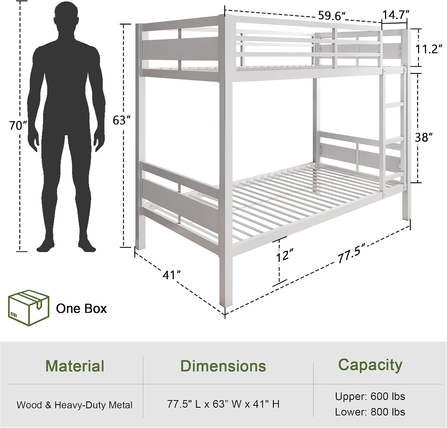 Dimensions of Feonase Metal Twin Over Twin Bunk Bed