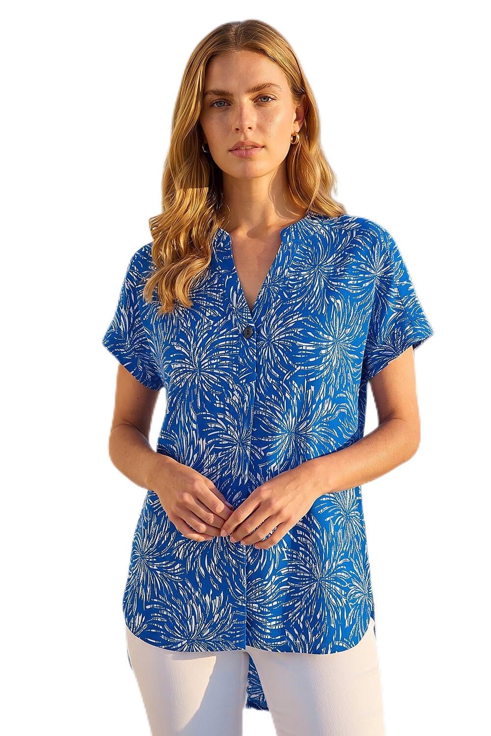 Roman Women's Royal Blue Abstract Print V-Neck Stretch Top Size 18