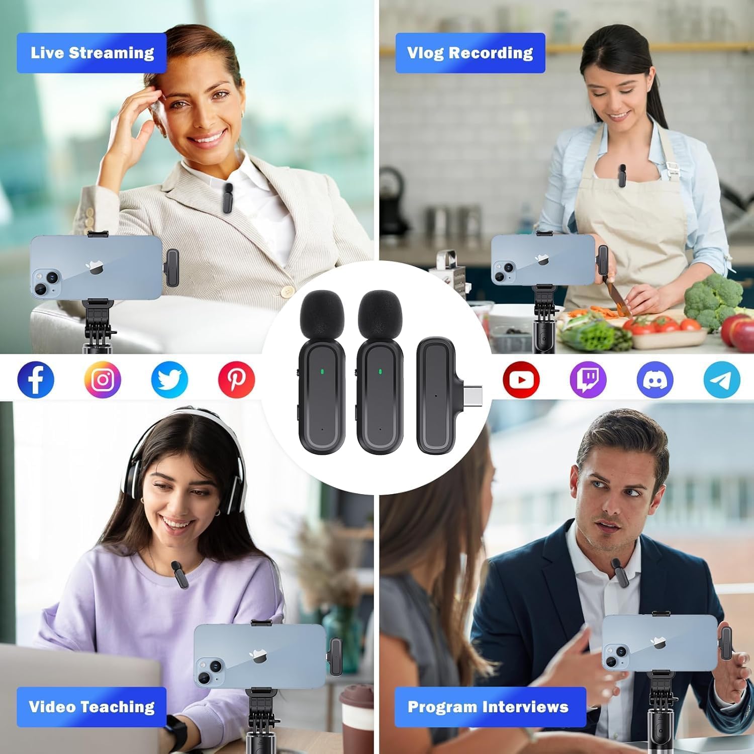Microfono Wireless per iPhone/Android/iPad - Microfono Lavalier con Custodia di Ricarica 42H, Riduzione Rumore, 65FT Portata - Mini Microfono per Video Social, YouTube, TikTok, Vlog, Live