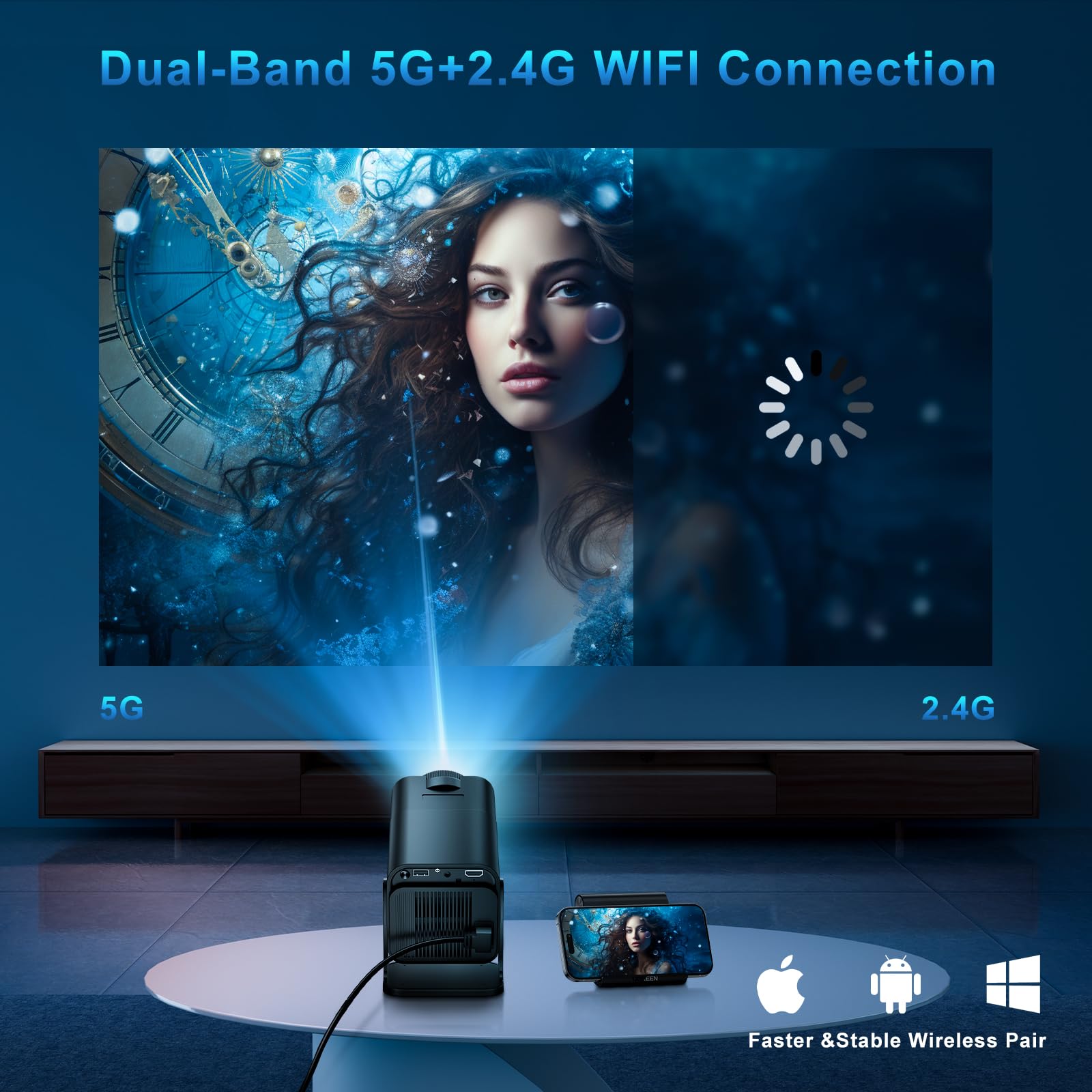 YEEFON Mini Proiettore, 4K 1920X1080P Portatile Videoproiettore, Support WiFi 6 Bluetooth 5.2 con Android OS, Correzione Trapezoidale, Zoom, Home Theater, per IOS/HDMI/PS5/Fire Stick