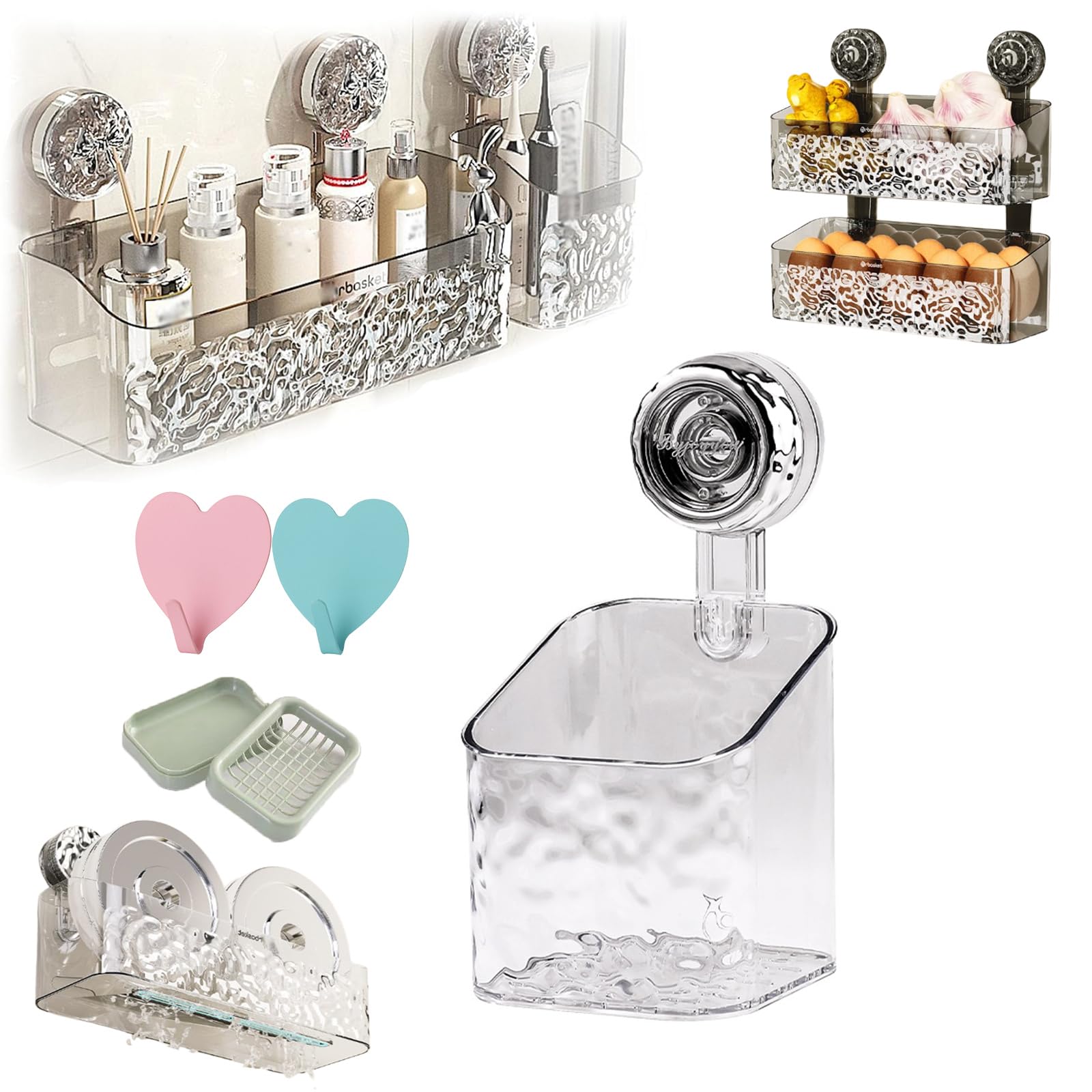Light Luxury Style Glacier Pattern Suction Cup Shelf Light Luxury Style Punch-Free Storage Rack Suction Cup Shower Caddy