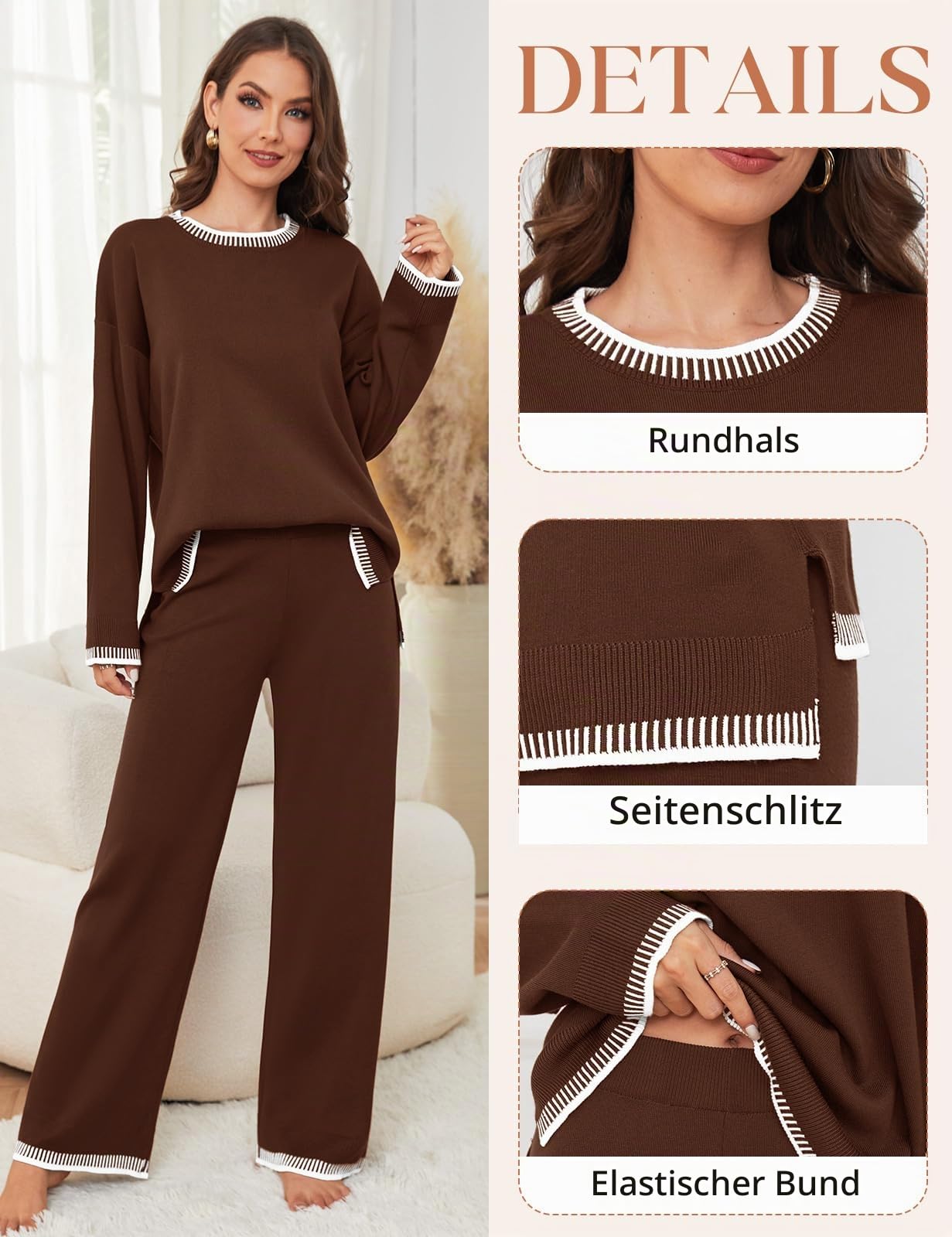 TOMEEK Zweiteiler Damen Elegant Hausanzug Damen Kuschelig Langarm Lounge Sets Strickpullover Top Weites Bein Hose Freizeitanzug Rundhalsausschnitt Outfit