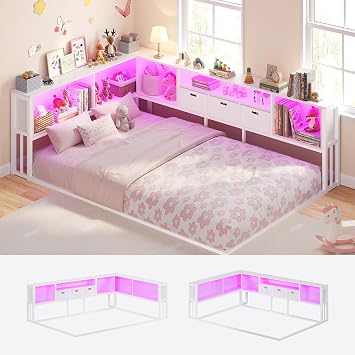 BTHFST Corner Bed Frame Full Size Floor Bed with Storage Drawers and Bookcase Headboard, Kids Full Corner Bed with LED Lights, Full Metal Floor Bed Frame with Storage for Kids, Teens, White
