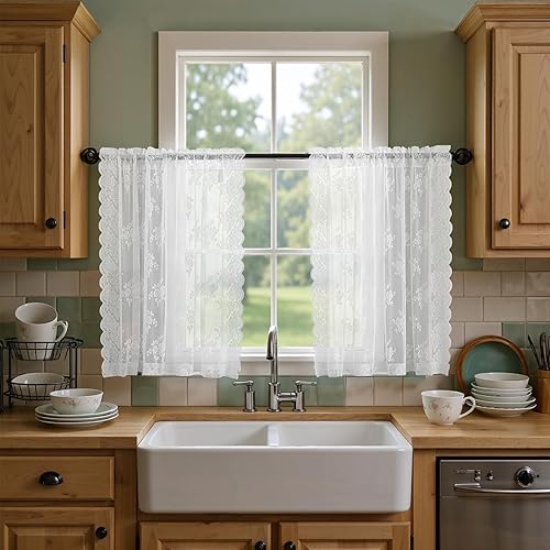 Miniatura 67 de Kotile Cortinas traslúcidas beige de 96 pulgadas de largo para sala de estar, 2 paneles de cortinas rústicas de encaje florales retro crema para